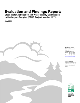 Clean Water Act Section 401 Water Quality Certification Hells Canyon Complex (FERC Project Number 1971)