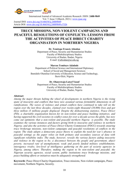 Truce Missions, Non-Violent Campaigns and Peaceful Resolutions of Conflicts: Lessons from the Activities of Peace Direct Charity Organisation in Northern Nigeria