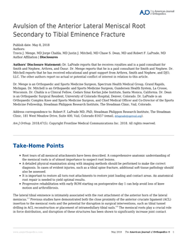 Avulsion of the Anterior Lateral Meniscal Root Secondary to Tibial Eminence Fracture