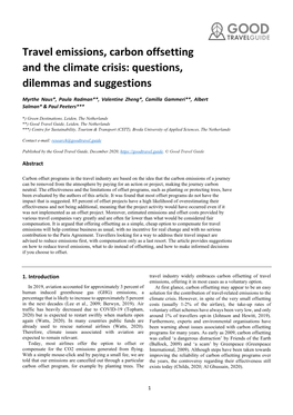 Travel Emissions, Carbon Offsetting and the Climate Crisis: Questions, Dilemmas and Suggestions