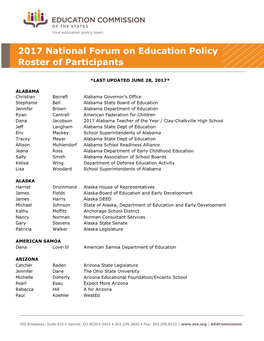 2017 National Forum on Education Policy Roster of Participants