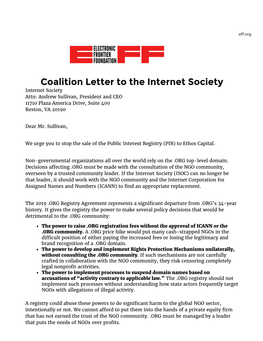 Coalition Letter to the Internet Society Internet Society Attn: Andrew Sullivan, President and CEO 11710 Plaza America Drive, Suite 400 Reston, VA 20190