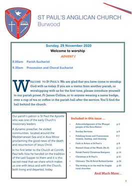 Sunday, 29 November 2020 Welcome to Worship ADVENT I 8.00Am Parish Eucharist 9.30Am Procession and Choral Eucharist