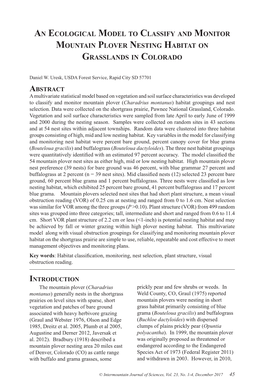 An Ecological Model to Classify and Monitor Mountain Plover Nesting Habitat on Grasslands in Colorado