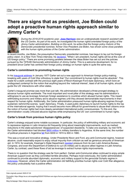 There Are Signs That As President, Joe Biden Could Adopt a Proactive Human Rights Approach Similar to Jimmy Page 1 of 3 Carter’S