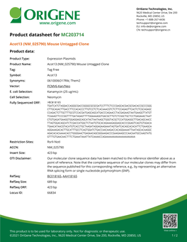 Acot13 (NM 025790) Mouse Untagged Clone – MC203714 | Origene