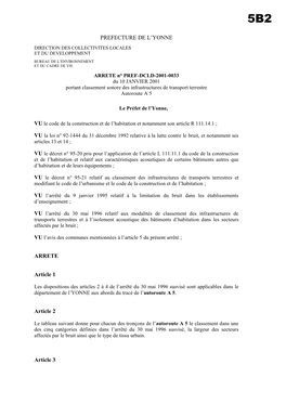 PREFECTURE DE L'yonne ARRETE Article 1 Article 2 Article 3