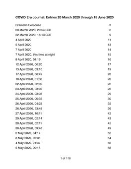 COVID Era Journal: Entries 20 March 2020 Through 15 June 2020