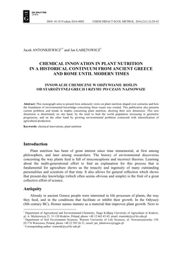 Chemical Innovation in Plant Nutrition in a Historical Continuum from Ancient Greece and Rome Until Modern Times