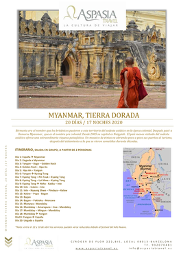 Myanmar, Tierra Dorada 20 Di As / 17 Noches 2020
