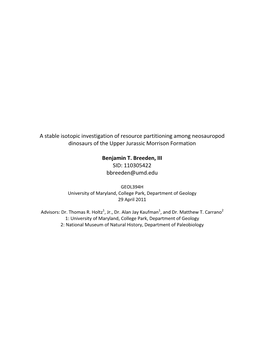 A Stable Isotopic Investigation of Resource Partitioning Among Neosauropod Dinosaurs of the Upper Jurassic Morrison Formation