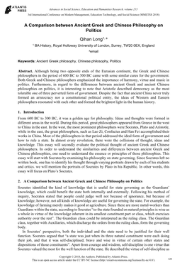 A Comparison Between Ancient Greek and Chinese Philosophy on Politics Qihan Long1, A