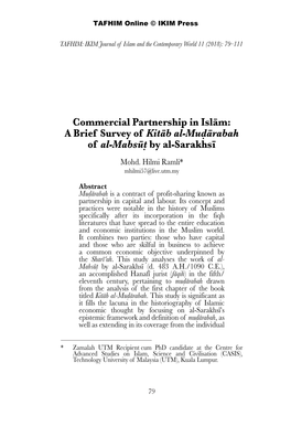 Commercial Partnership in Islām: a Brief Survey of Kitāb Al-Muḍārabah of Al-Mabsūṭ by Al-Sarakhsī