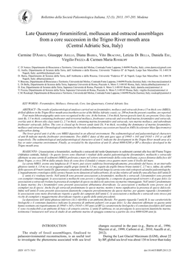 Late Quaternary Foraminiferal, Molluscan and Ostracod Assemblages from a Core Succession in the Trigno River Mouth Area (Central Adriatic Sea, Italy)