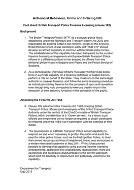 Fact Sheet: British Transport Police Firearms Licensing (Clause 102)