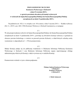 POSTANOWIENIE NR 231/2019 Komisarza Wyborczego W Kielcach I Z Dnia 23 Września 2019 R. W Sprawie Powołania Obwodowych Komisji