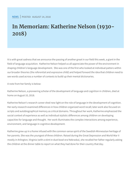 Katherine Nelson (1930- 2018)