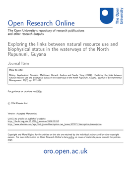 Exploring the Links Between Natural Resource Use and Biophysical Status in the Waterways of the North Rupununi, Guyana