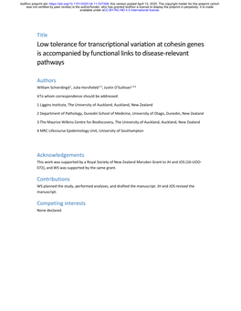 Low Tolerance for Transcriptional Variation at Cohesin Genes Is Accompanied by Functional Links to Disease-Relevant Pathways