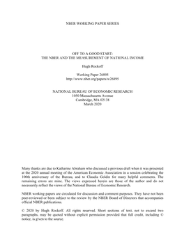 Off to a Good Start: the Nber and the Measurement of National Income