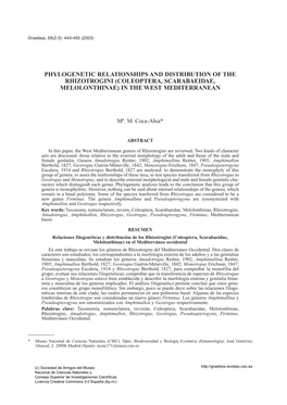 Phylogenetic Relationships and Distribution of the Rhizotrogini (Coleoptera, Scarabaeidae, Melolonthinae) in the West Mediterranean