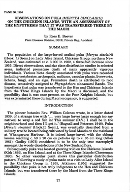 Meryta Sinclairii) on the Chickens Islands, with an Assessment of the Hypothesis That It Was Transferred There by the Maori