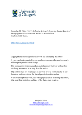 Connolly, M. Claire (2019) Reflective Activists? Exploring Student Teachers’ Emerging Practice in Northern Ireland: a Bourdieusian Analysis