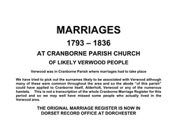 Marriages 1793 –1836 at Cranborne Parish Church of Likely Verwood People