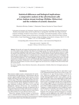 Hylidae: Hyloscirtus) and the Evolution of Acoustic Characters