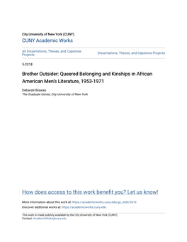 Brother Outsider: Queered Belonging and Kinships in African American Men’S Literature, 1953-1971