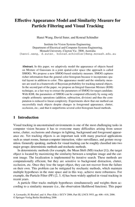 Effective Appearance Model and Similarity Measure for Particle Filtering and Visual Tracking