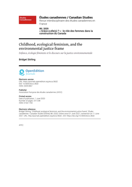 Childhood, Ecological Feminism, and the Environmental Justice Frame Enfance, Écologie Féministe Et Le Discours Sur La Justice Environnementale