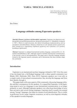 Language Attitudes Among Esperanto Speakers Varia