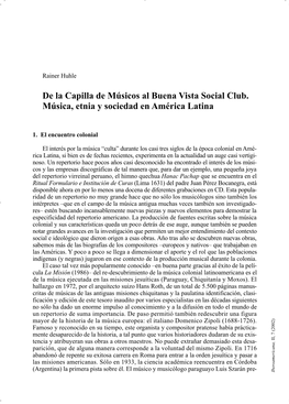 De La Capilla De Músicos Al Buena Vista Social Club. Música, Etnia Y Sociedad En América Latina