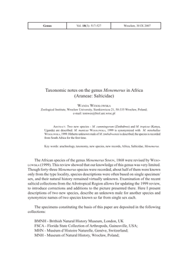 Taxonomic Notes on the Genus Menemerus in Africa (Araneae: Salticidae)