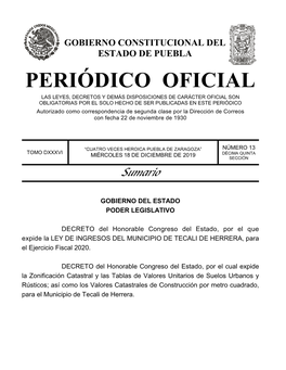 LEY DE INGRESOS DEL MUNICIPIO DE TECALI DE HERRERA, Para El Ejercicio Fiscal 2020