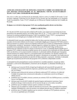 Aviso De Conciliación De Demanda Colectiva Sobre Los Derechos De Los Jóvenes Involucrados En El Programa Youth Accountability Team (“Yat”) Del Condado De Riverside