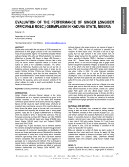 Evaluation of the Performance of Ginger (Zingiber Officinale Rosc.) Germplasm in Kaduna State, Nigeria