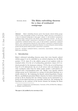 The Hahn Embedding Theorem for a Class of Residuated Semigroups
