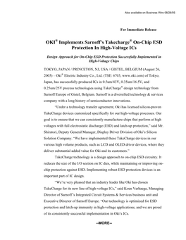 OKI Implements Sarnoff's Takecharge On-Chip ESD Protection in High