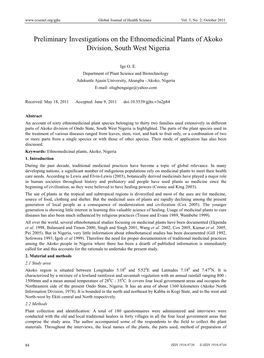 Preliminary Investigations on the Ethnomedicinal Plants of Akoko Division, South West Nigeria