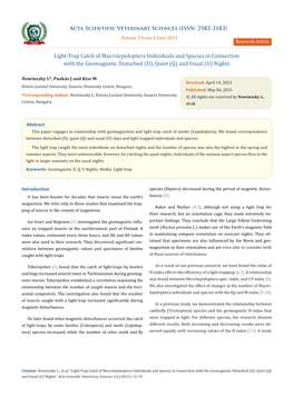 Light-Trap Catch of Macrolepidoptera Individuals and Species in Connection with the Geomagnetic Disturbed (D), Quiet (Q) and Usual (U) Nights