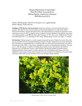 Plant Pest Risk Assessment for Oblong Spurge, Euphorbia Oblongata 2008 (Revised 2013)