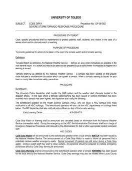 Severe Weather/Tornado Response Procedure, # EP-08-002