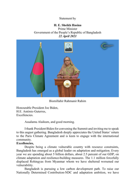 Statement by H. E. Sheikh Hasina Prime Minister Government of the People's Republic of Bangladesh 22 April 2021 Bismillahir Ra
