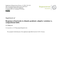 Supplement of Responses of Leaf Traits to Climatic Gradients: Adaptive Variation Vs