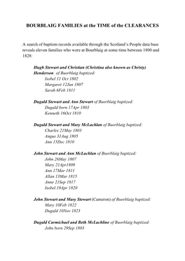 BOURBLAIG FAMILIES at the TIME of the CLEARANCES