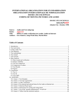 International Organisation for Standardisation Organisation Internationale De Normalisation Iso/Iec Jtc1/Sc29/Wg11 Coding of Moving Pictures and Audio