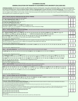Cuyamaca College General Education for Transfer to California State University (Csu) 2020-2021