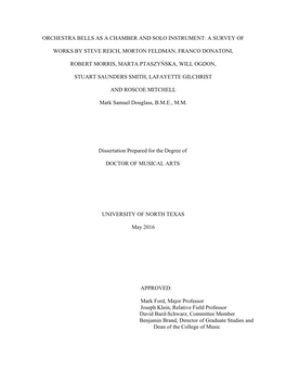 Orchestra Bells As a Chamber and Solo Instrument: a Survey Of